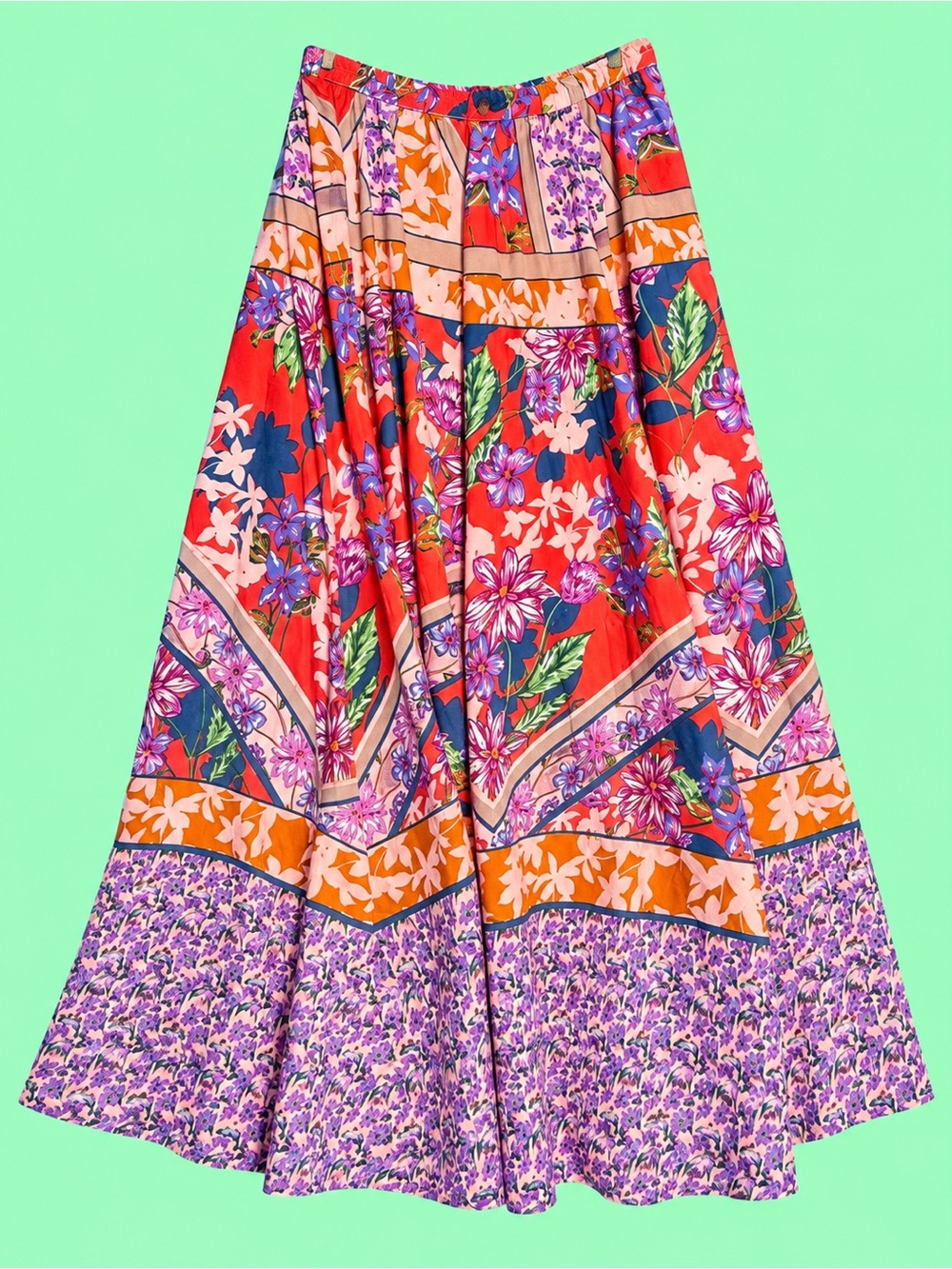 Cupio Floral Patchwork Maxi Skirt in Red, Purple & Orange
